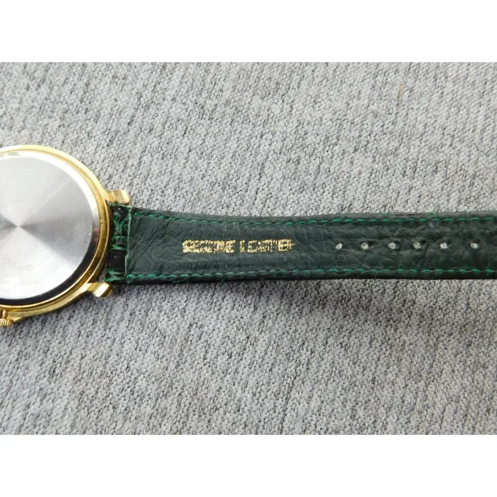 INMODE Quartz Watch Womens White Dial Green Leather Band Gold Tone Case Japan